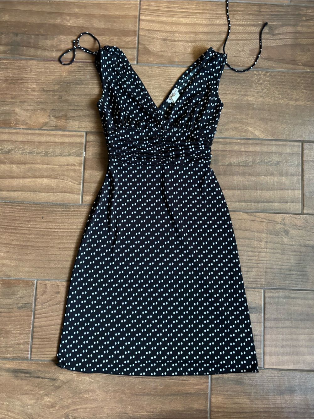 Vintage Hipnotik Black White Polka Dot Ruched Midi Dress Adjustable Tie Straps S
